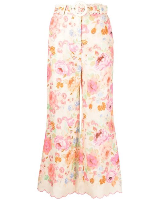 Zimmermann Pink Raie Floral-Print Flared Linen Trousers