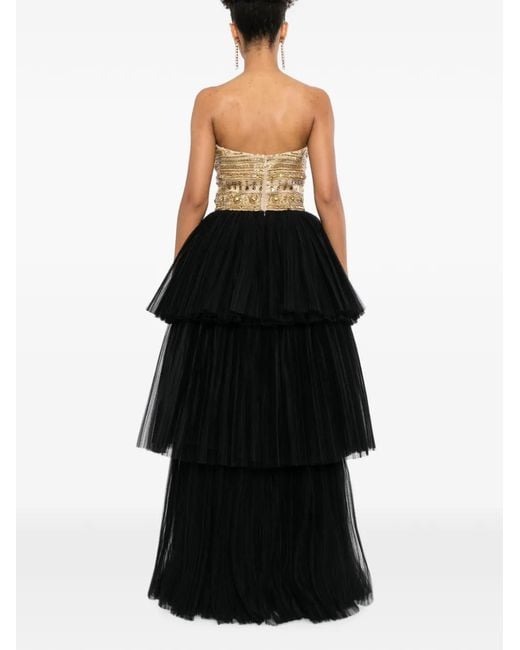 Naeem Khan Black Beaded-Bodice Layered Gown