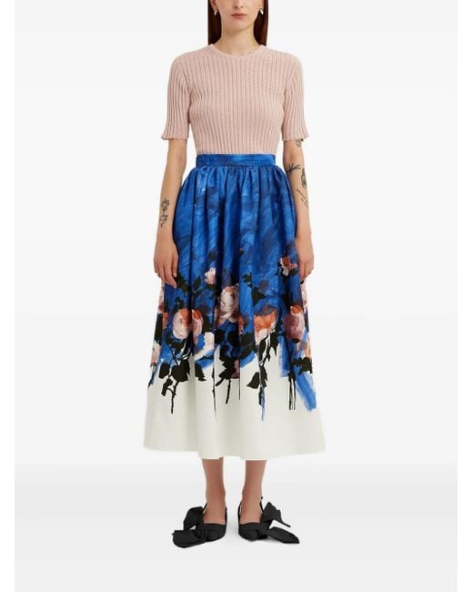 Falda midi fruncida con motivo floral Erdem de color Blue