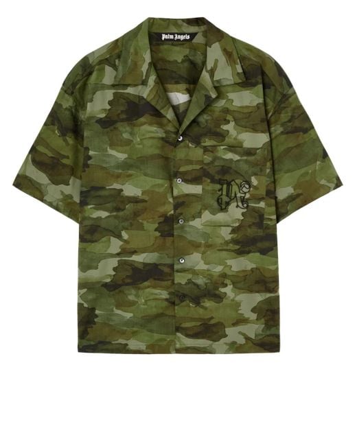 Palm Angels Green Camouflage-Print Cotton Shirt for men