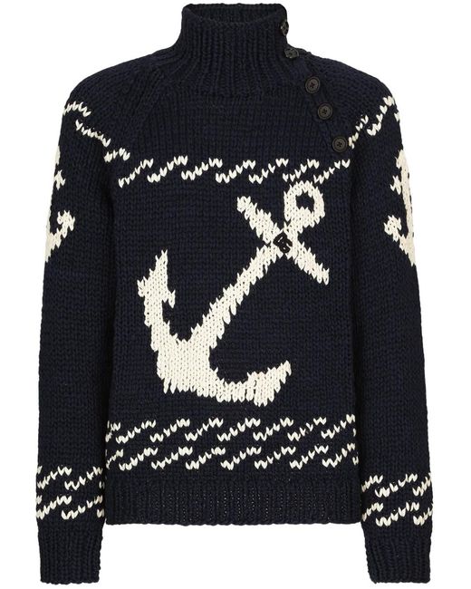 Dolce & Gabbana Blue Patterned Intarsia-Knit Cotton-Blend Jumper for men
