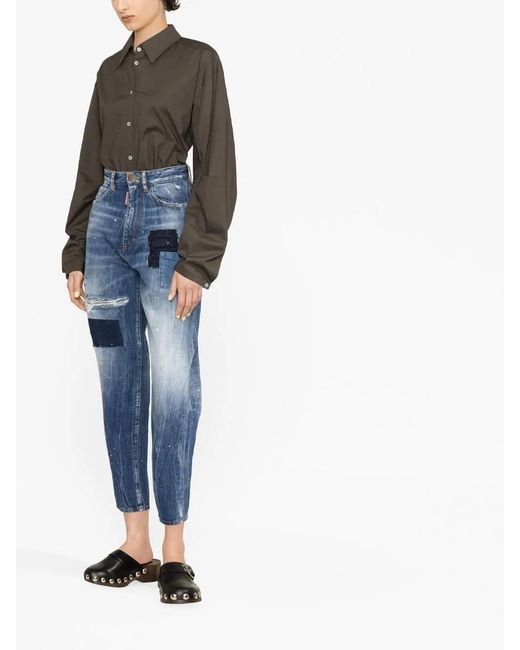 DSquared² Blue Distressed Patchwork Cropped Jeans