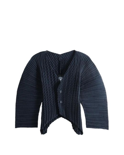 Issey Miyake Blue Unfurling Pleats Pleated Asymmetric-Hem Cardigan