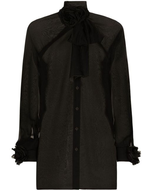 Dolce & Gabbana Black Floral-appliqué Sheer Shirt