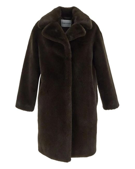 Stand Studio Black Faux Fur Notched Lapel Coat
