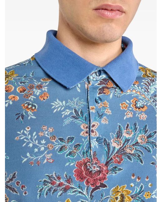 Etro Blue Floral-Print Polo Shirt for men