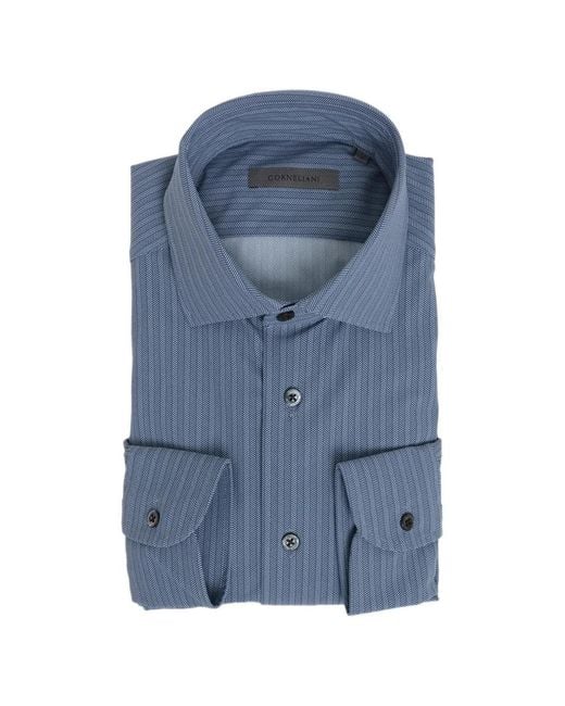 Corneliani Blue Herringbone-Patterned French-Collar Shirt for men