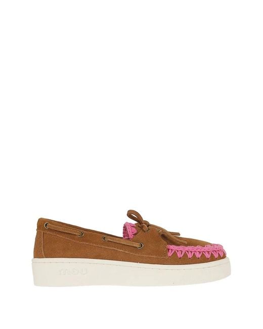 Mou Brown Crochet-Trim Suede Loafers