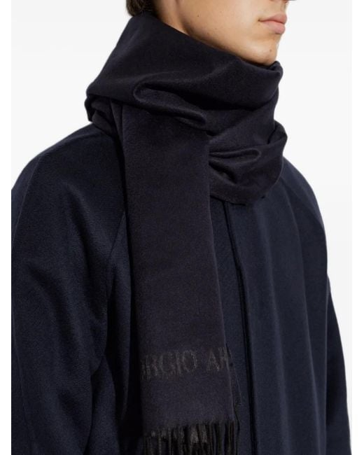 Giorgio Armani Blue Fringed Logo-Embroidered Scarf for men