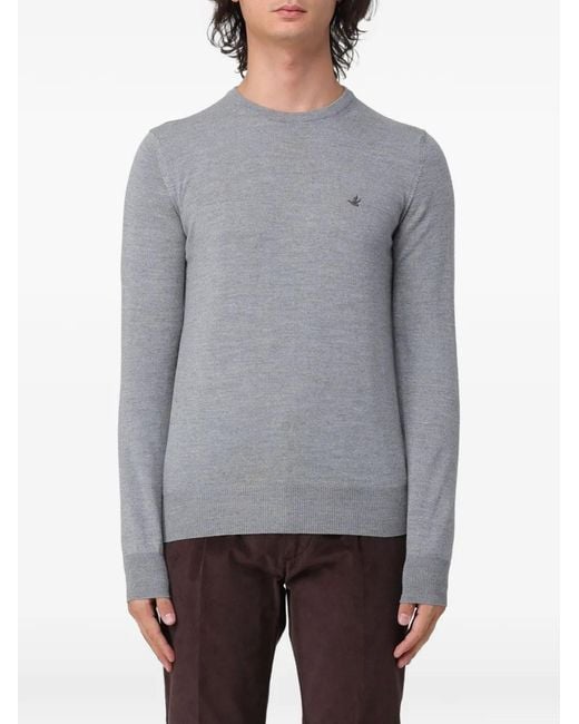 Brooksfield Gray Logo-Embroidered Wool Sweater for men
