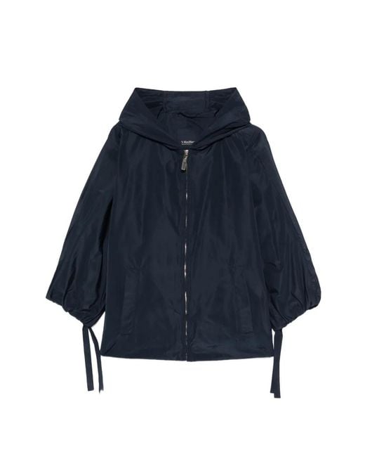 Max Mara Blue Hooded Drawstring-Cuff Coat