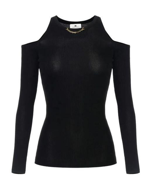 Elisabetta Franchi T-Shirt Met Open Schouders En Kettingdetail in het Black