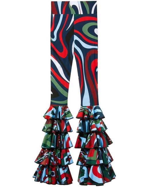 Emilio Pucci Red Marmo-Print Ruffle-Detail Leggings