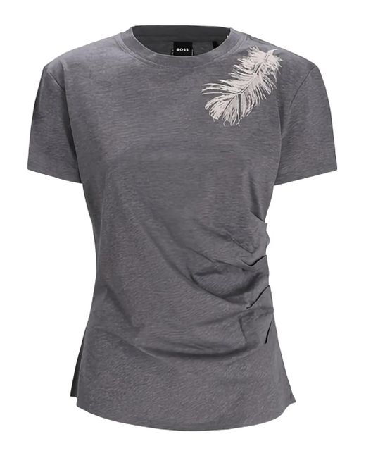 Boss Gray Feather-Print Ruched T-Shirt