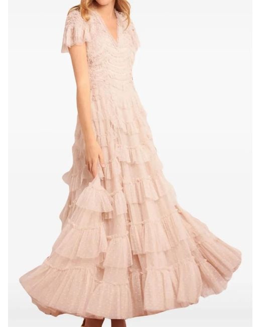 Needle & Thread Pink Aviana Ruffled V-Neck Midi Dress