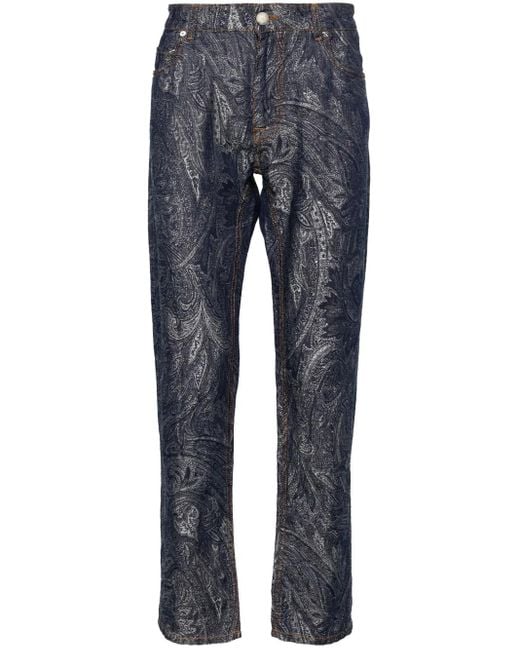 Etro Blue Paisley-Jacquard Straight-Leg Trousers for men