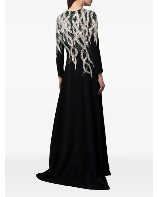 Dina Melwani Black Robe Longue À Broderies En Cristal