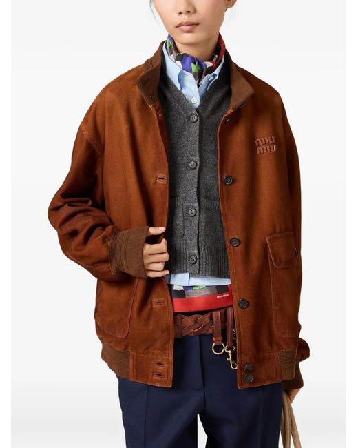 Miu Miu Brown Logo-Detail Suede Jacket