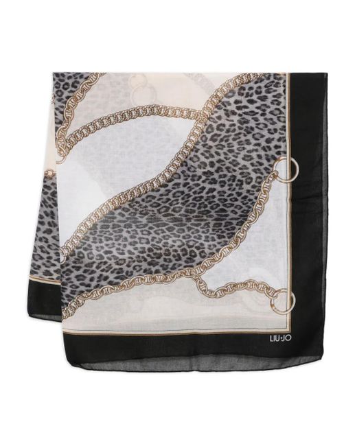 Liu Jo Gray Chain-Print Leopard Scarf