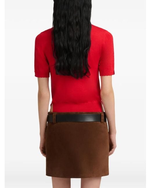 Marni Red Pointelle-Knit Scalloped-Trim Polo Top