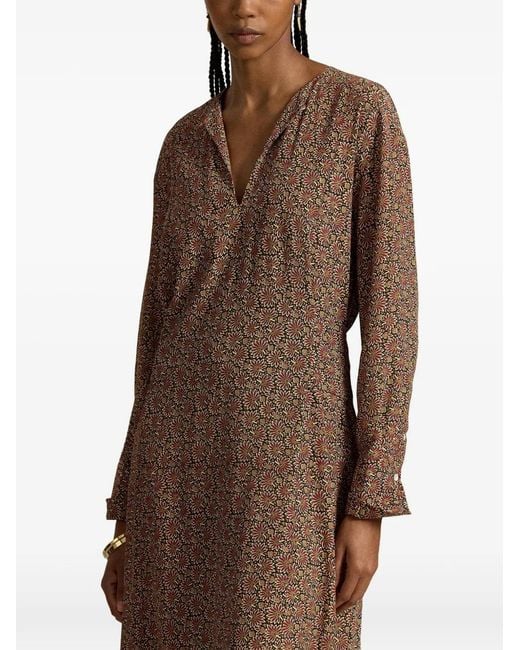 Polo Ralph Lauren Brown Floral-Print Tie-Waist Midi Dress