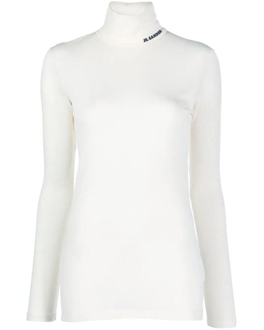 Jil Sander White High-Neck Long Sleeve Top With Logo Detail