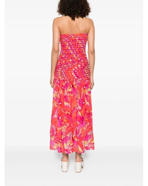 Farm Rio Red Flying Birds Ruched Maxi Dress