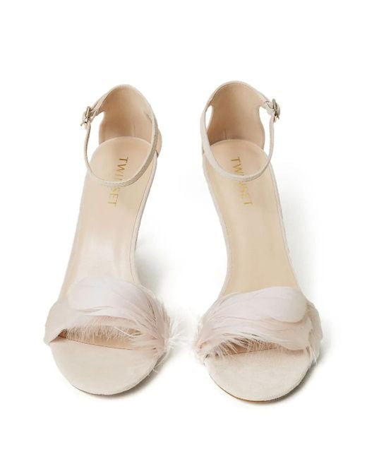 Twinset White 90Mm Feather-Detail Suede Sandals