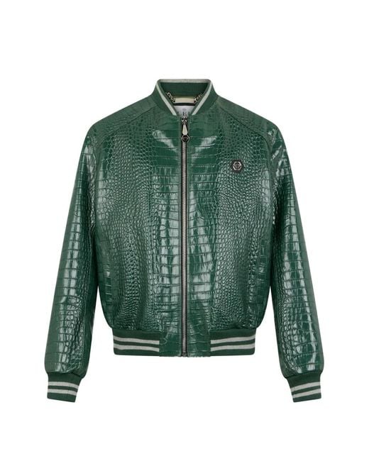 Philipp Plein Green Leather Bomber Jacket for men