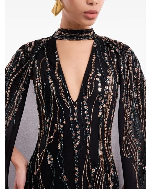 Gemy Maalouf Black Beaded Cape-Sleeve Maxi Dress