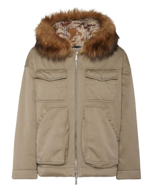 DSquared² Brown Faux Fur-Trimmed Hooded Jacket for men