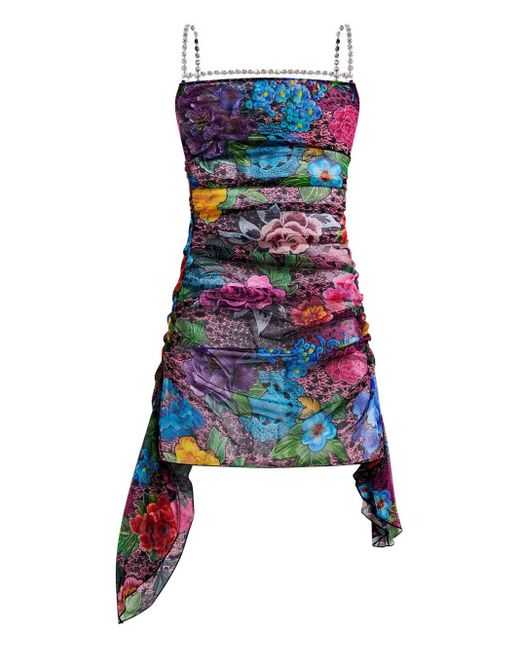 Area Mini-Jurk Verfraaid Met Kristallen En Bloemen in het Blue