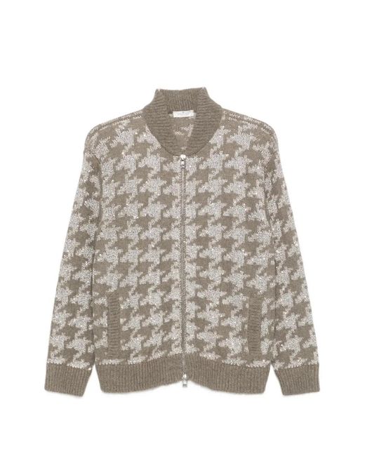 Panicale Gray Houndstooth-Pattern Sequin-Embellished Cardigan