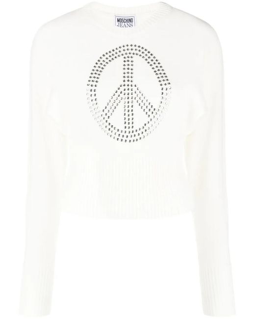 Moschino White Studded-Peace Sign Wool-Blend Jumper