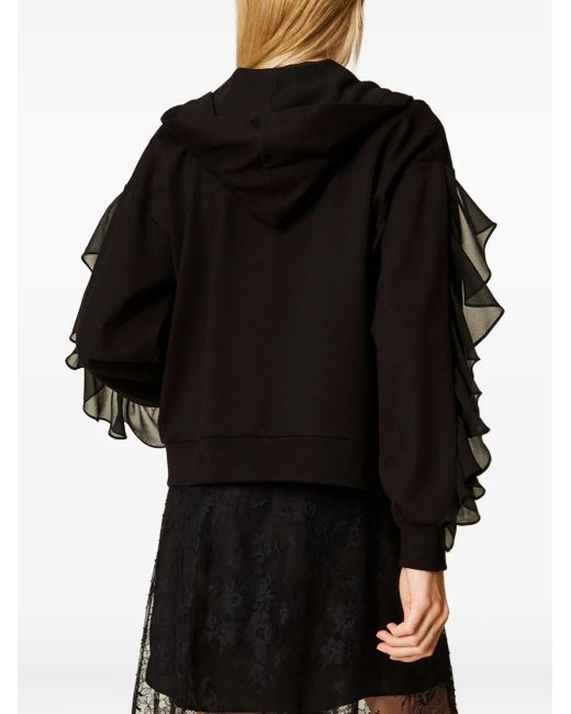 Twinset Black Ruffle-Trimmed Hooded Sweatshirt