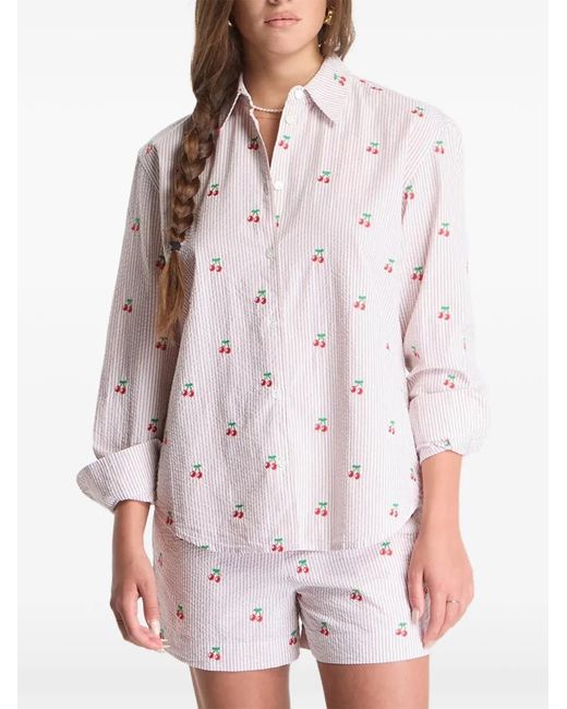 Mc2 Saint Barth White Meredith Cherry-Embroidered Stripe-Pattern Shirt
