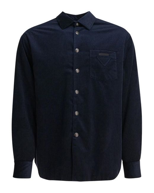 Prada Blue Triangle-Logo Corduroy Shirt for men