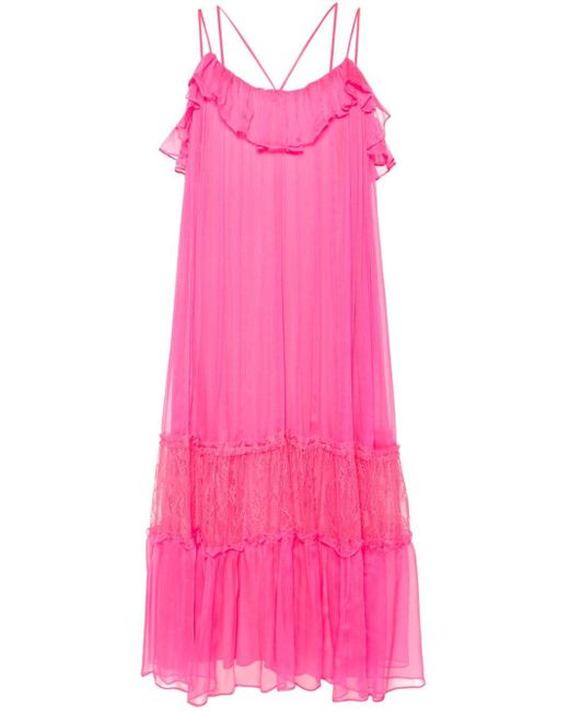 Nissa Pink Lace-panelling Silk Dress