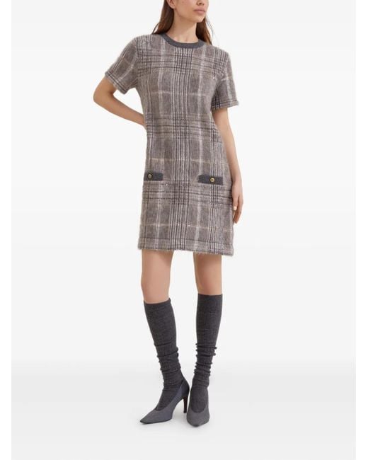 Brunello Cucinelli Gray Check-Pattern Sequin Dress