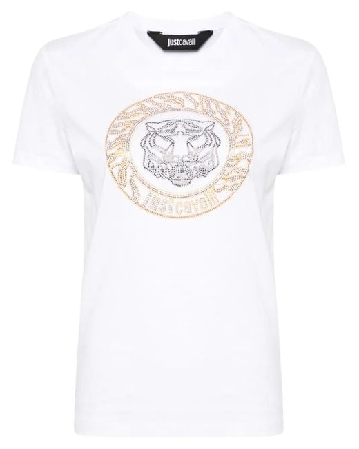Just Cavalli White Tiger Head Studded Cotton Tee