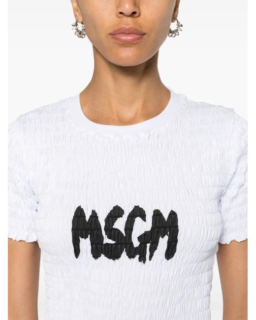 MSGM White Logo-Print Smocked T-Shirt