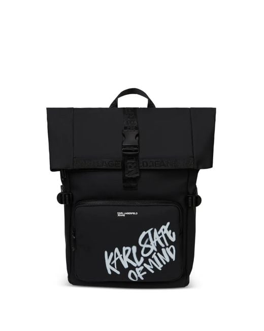 Karl Lagerfeld Black Slogan-Print Buckled Backpack for men