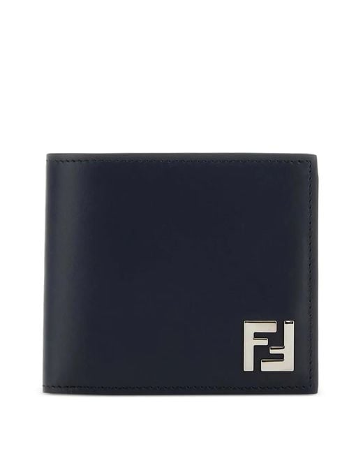 Fendi Blue Squared Ff Leather And Ff Canvas Compact Bi-Fold Wallet for men