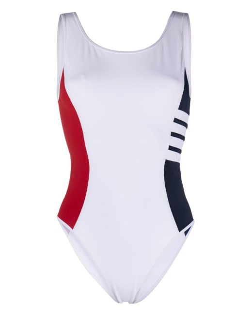 Thom Browne White 4-bar Colour-block Swimsuit