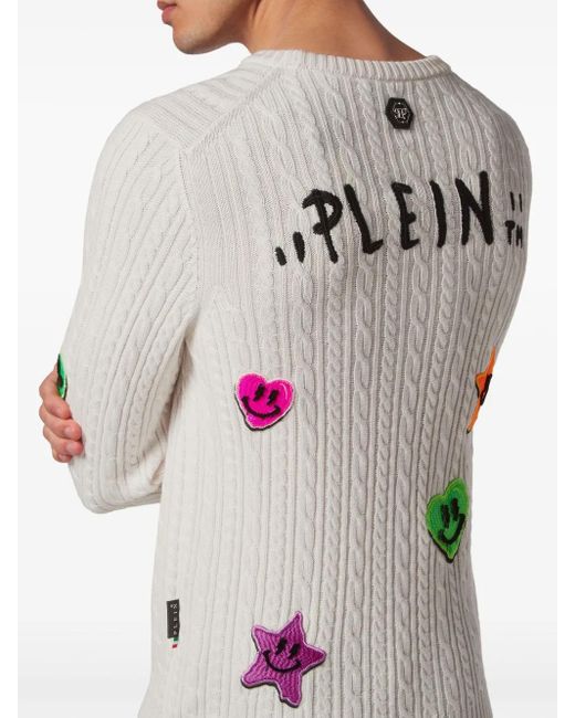 Philipp Plein Pink Appliqué Cable-Knit Jumper for men