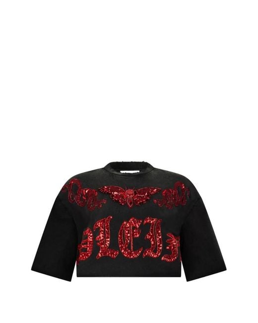 Philipp Plein Red Sequin-Detail Cropped T-Shirt