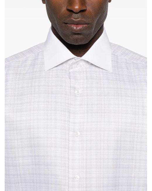Brioni Geruit Overhemd Met Contrasterende Kraag in het White voor heren
