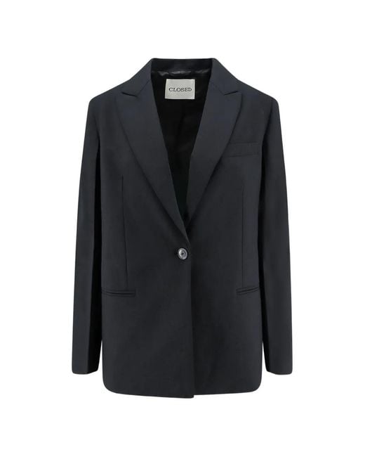 Closed Black Single-Breasted Peak-Lapel Blazer