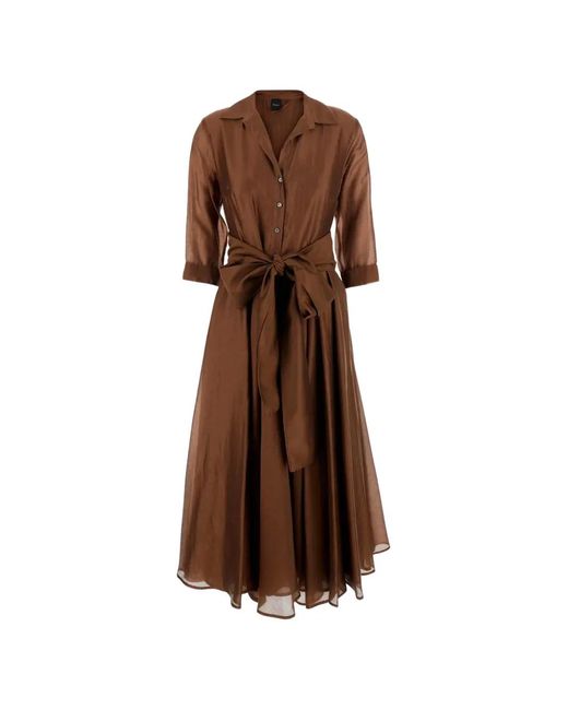 Plain Brown Belted Midi Shirt Dress