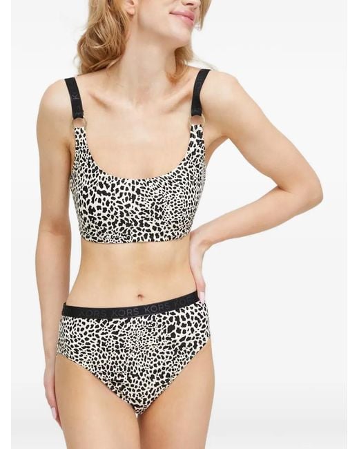 MICHAEL Michael Kors White Leopard-Print Logo-Waistband Bikini Bottoms